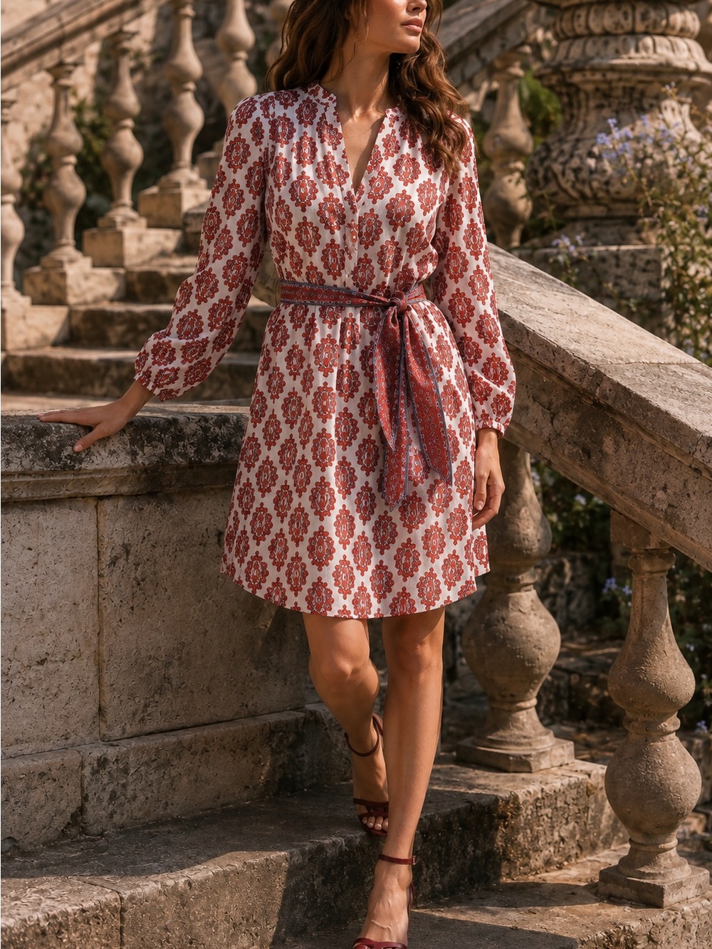 Boden orange paisley long sleeve linen belted dress 6L